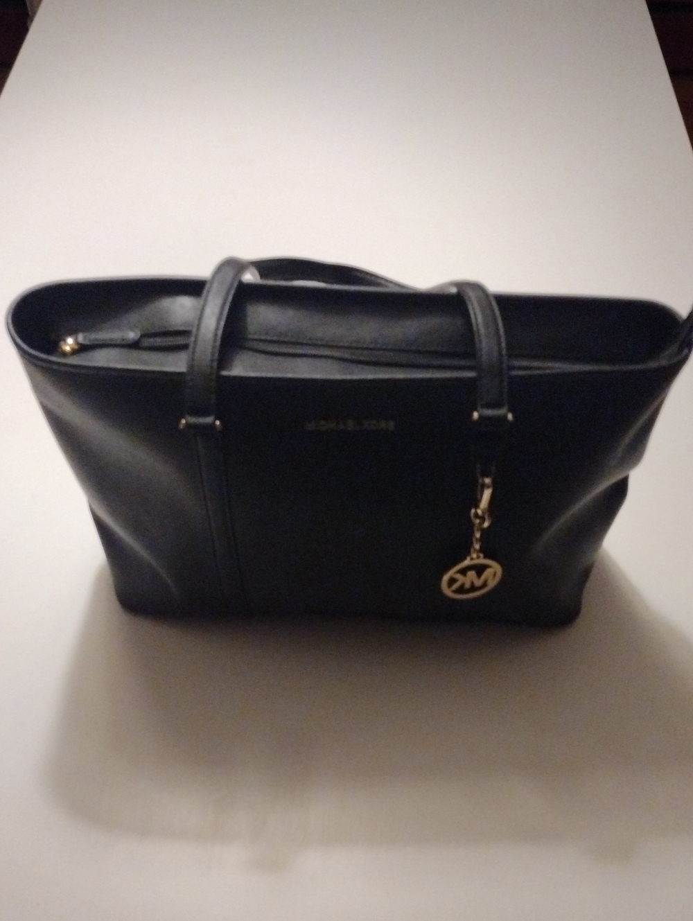 Michael Kors Black Leather Tote with Gold MK Charm